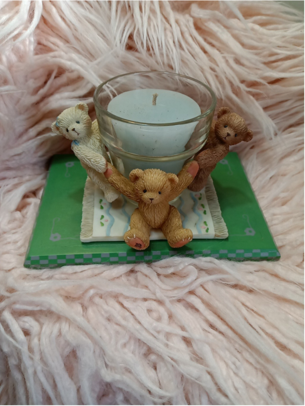 Cherished Teddies 2000 Candle Holder with Four Bears Holding Hands On A Rug Home